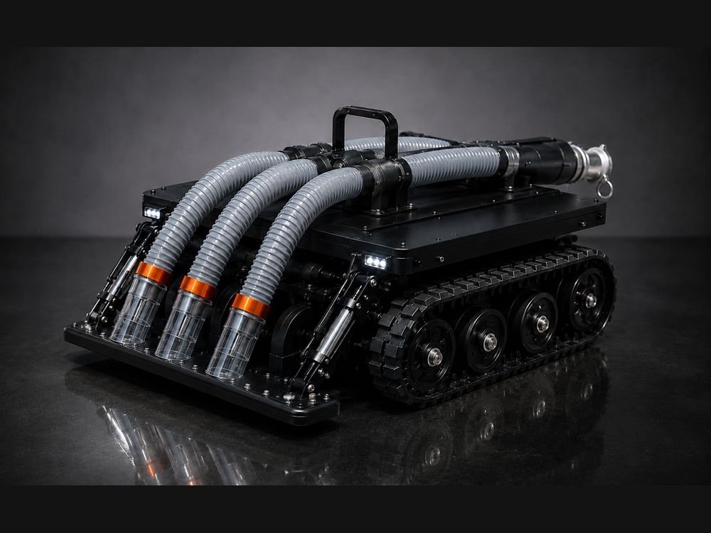 The Sludge Boss tracked vacuum crawler, seen from the side with its three suction intakes and rear discharge hose.