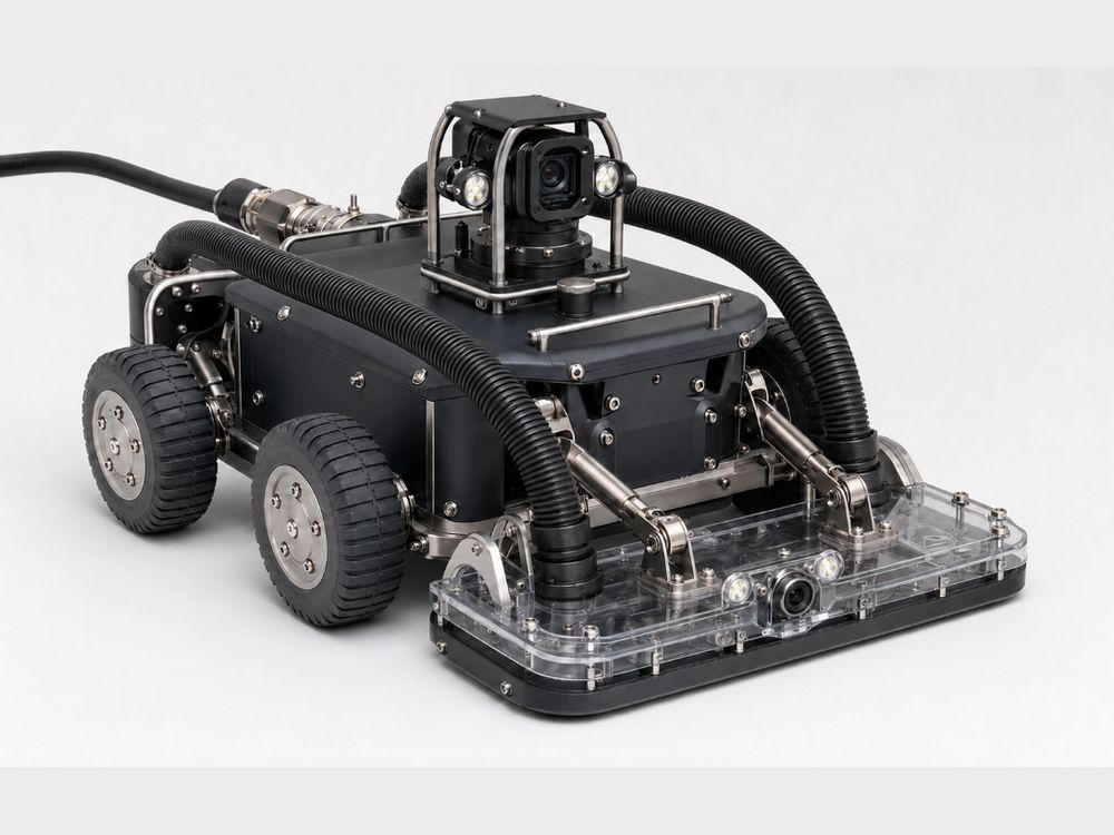 The VAC Boss four-wheel-drive crawler with its camera mast, lights and wide suction head.